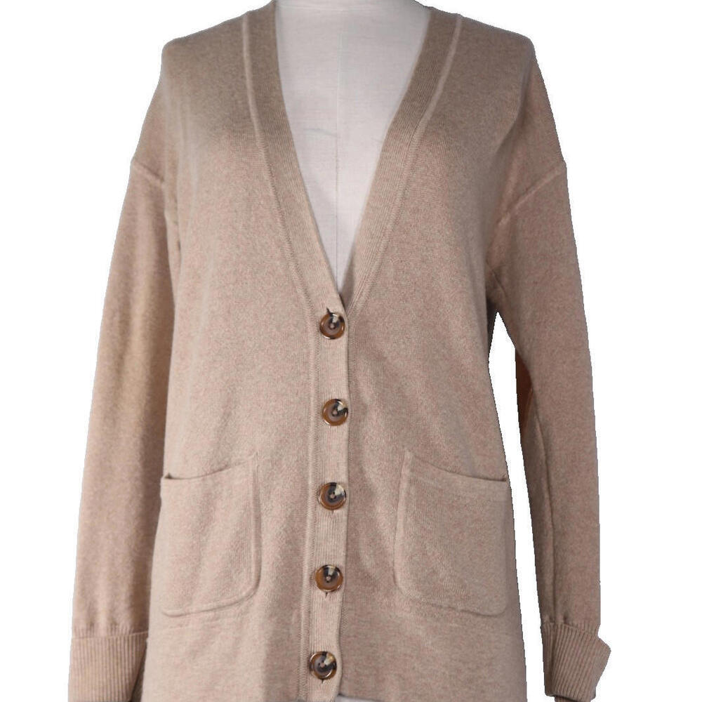Club Monaco Women’s Small Camel Beige Cardigan Sweater Elbow Patch Relaxed Fit
